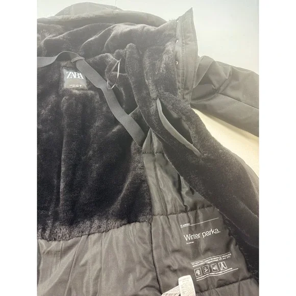 Zara Winter Parka Coat Fur Lined Hooded Jacket Black Warm Womens S - Picture 10 of 11